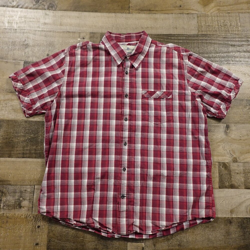 James Campbell Plaid Button Up Shirt‎ Men’s XL Red White Short Sleeve Cotton